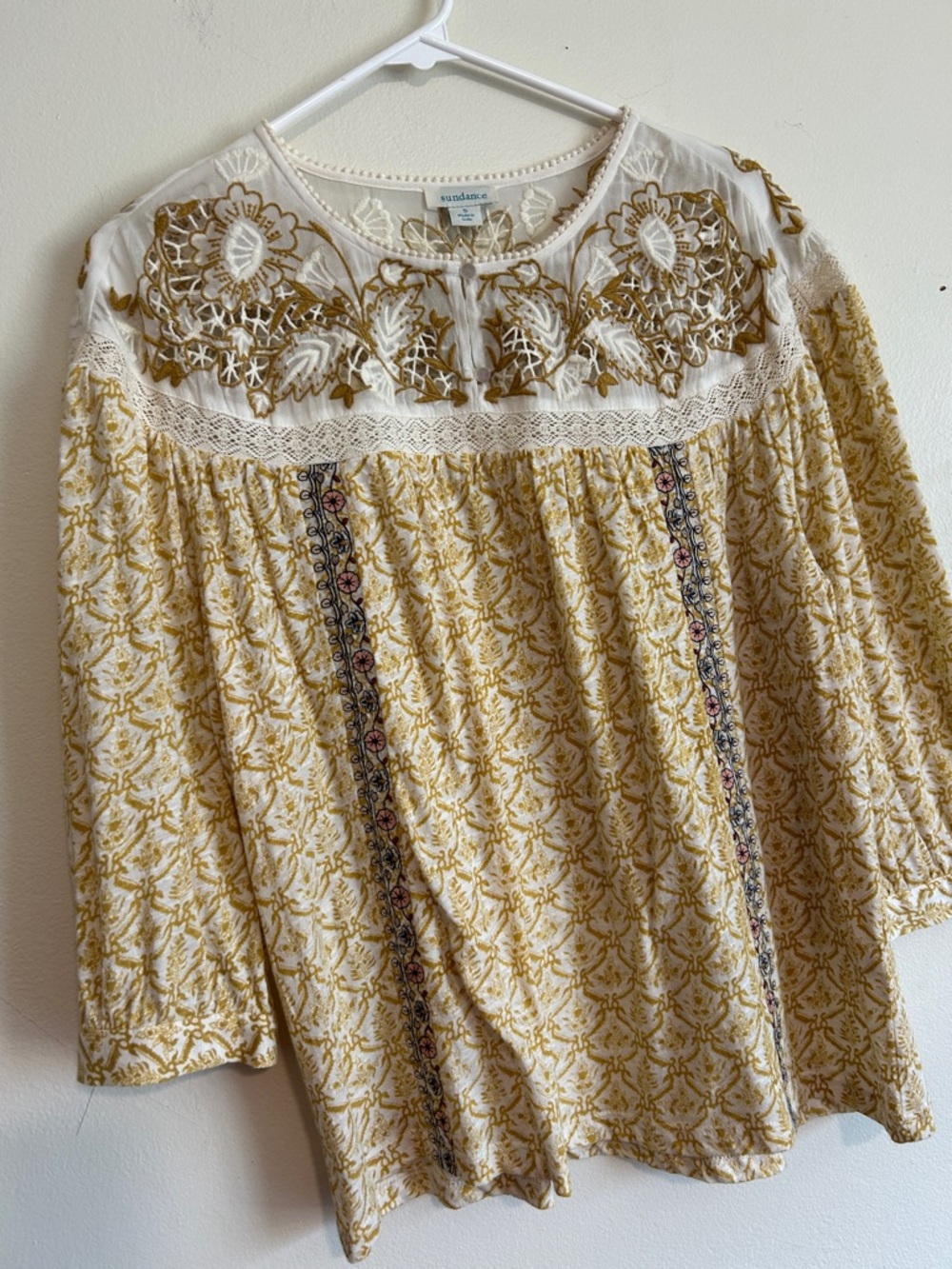 Sundance Cream and Mustard Embroidered Cut-Out Yoke Blouse